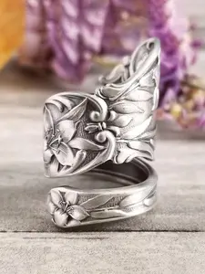 Flower Engraved Copper Ring, Vintage Spoon Ring, Fashion Jewelry for Party, Daily Clothing Decor, Trendy All-match & Exquisite Wedding Party Jewelry Gift