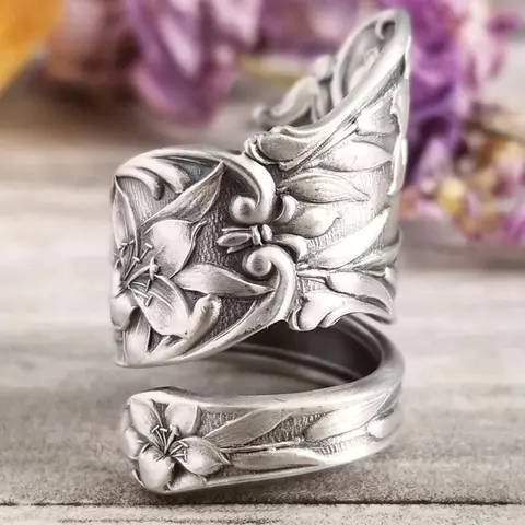 Mother's Day Gift Flower Engraved Copper Ring, Vintage Spoon Ring, Elegant Fashion Rings, Fashion Jewelry for Party, Daily Clothing Decor, Trendy All-match & Exquisite Wedding Party Jewelry Gift