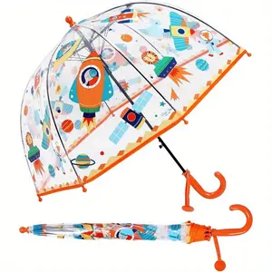 8-Ribs Automatic Open Transparent Kids Umbrella - Cute Cartoon Pattern PVC Fabric Iron Carbon Fiber Frame Plastic Handle Casual Fashion Design for Boys and Girls