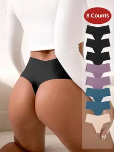 8 Pack Fashionable Casual Solid High-Waisted Women's Thongs, Lightweight Breathable Comfortable Elastic Underwear for All Seasons