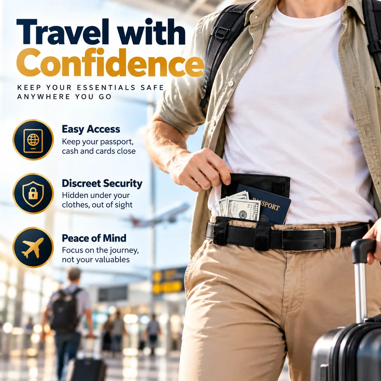 Anti-Theft Passport Pouch, Multifunctional Phone and ID Waist Pouch, Slim and Snug-Fitting Travel Document Pouch, Can Be Attached to a Belt