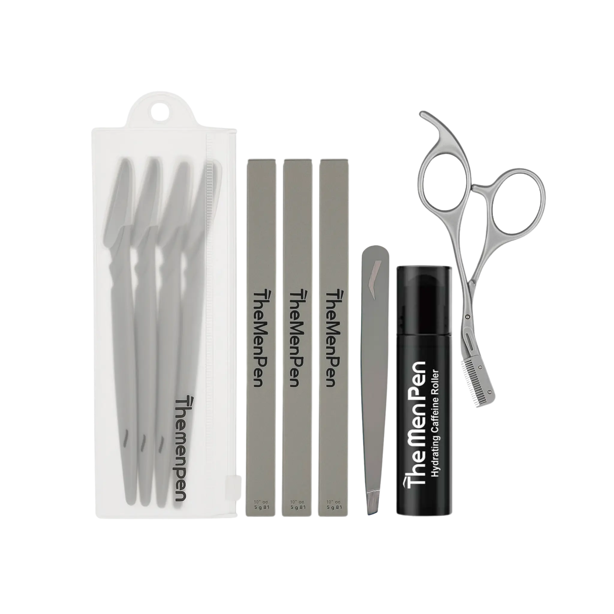 The Men Pen Complete Eyebrow + Hydrating Grooming Kit for Men | Scissors, Hydrating Caffeine Roller, Tweezers, Razors & 3 Eyebrow Filler Pens for Shaping | Trimming & Defining Brows