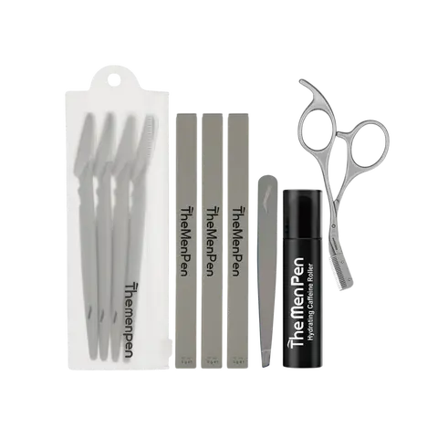 Men's Complete Eyebrow & Hydrating Grooming Kit - Tame Coarse Hairs, Includes Scissors, Caffeine Hydrating Roller, Tweezers, Razors & 3 Eyebrow Filler Pens for Shaping, Trimming, Defining Brows
