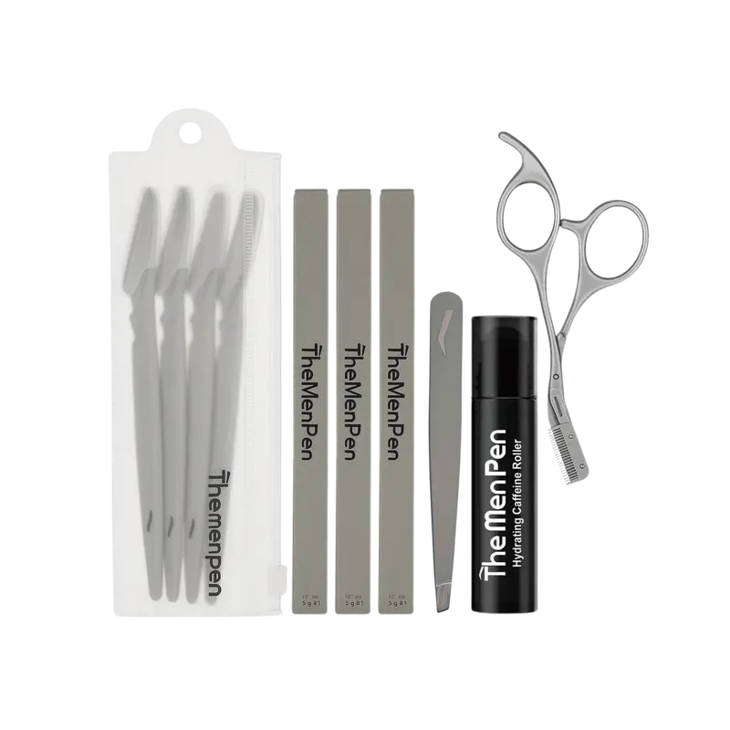 Men's Complete Eyebrow & Hydrating Grooming Kit - Tame Coarse Hairs, Includes Scissors, Caffeine Hydrating Roller, Tweezers, Razors & 3 Eyebrow Filler Pens for Shaping, Trimming, Defining Brows