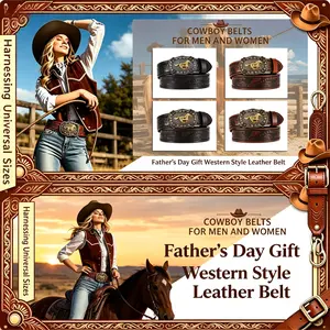 Men's Western Cowboy Belt with Automatic Ratchet Buckle, No Hole Adjustable Leather Belt for Jeans, Business Casual, Gift for Him