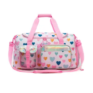 Girls' Duffle Bag, Pastel Heart Print Weekender Duffel with Iridescent Holographic Pockets, Built-in Organizer & Adjustable Strap