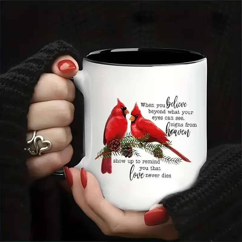 11oz Inspirational Cardinal Ceramic Coffee Mug with "Faith and Love" Quote - Red Birds & Holly Design,Dishwasher Safe, Reusable Insulated Cup, Perfect Gift for Birthdays Cozy Home Drinkware, Inspirational Gift Mug | Decorative Drinkware | Coffee Bar