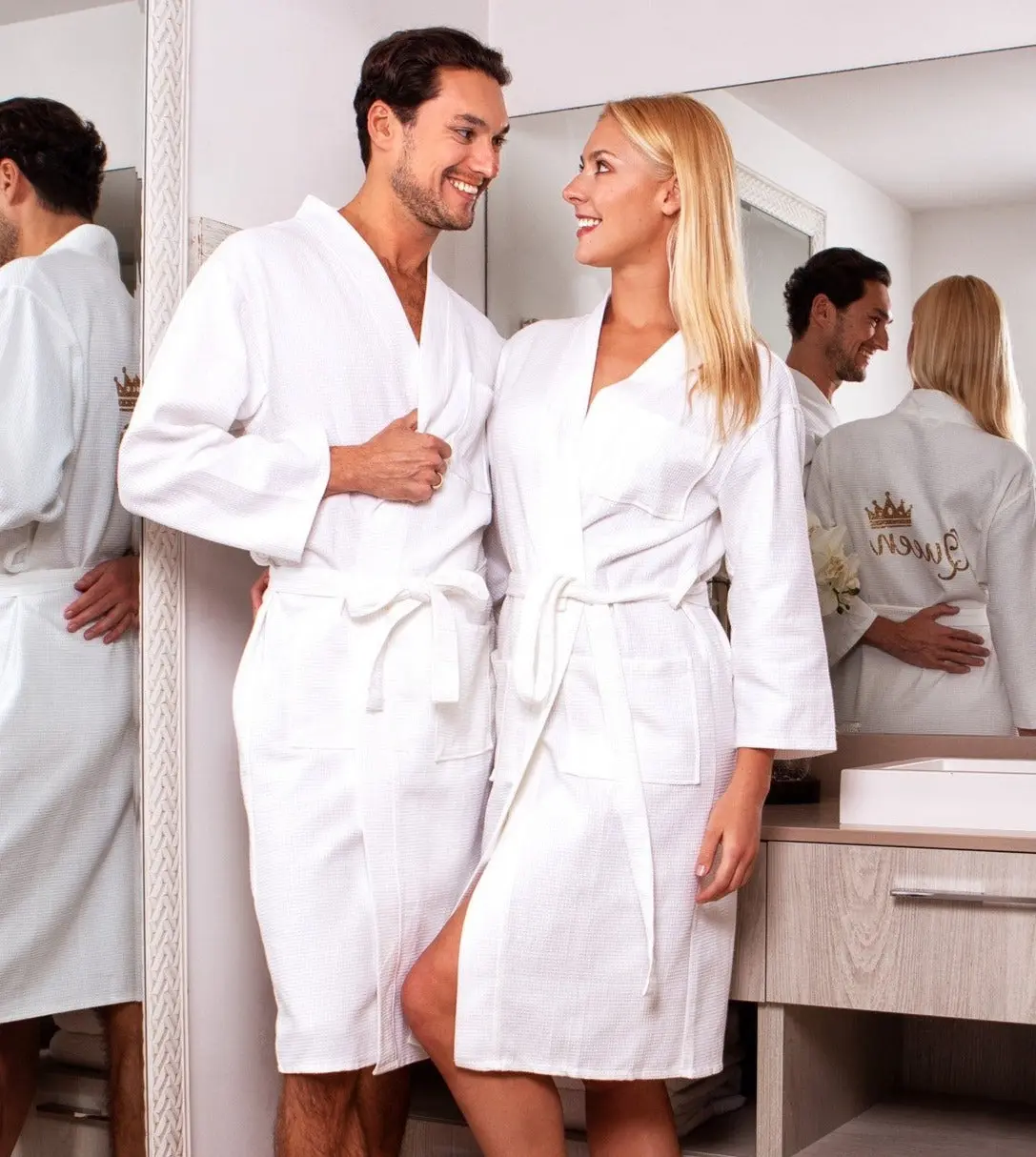 Custom Long Waffle Cotton Bathrobes for Couple
