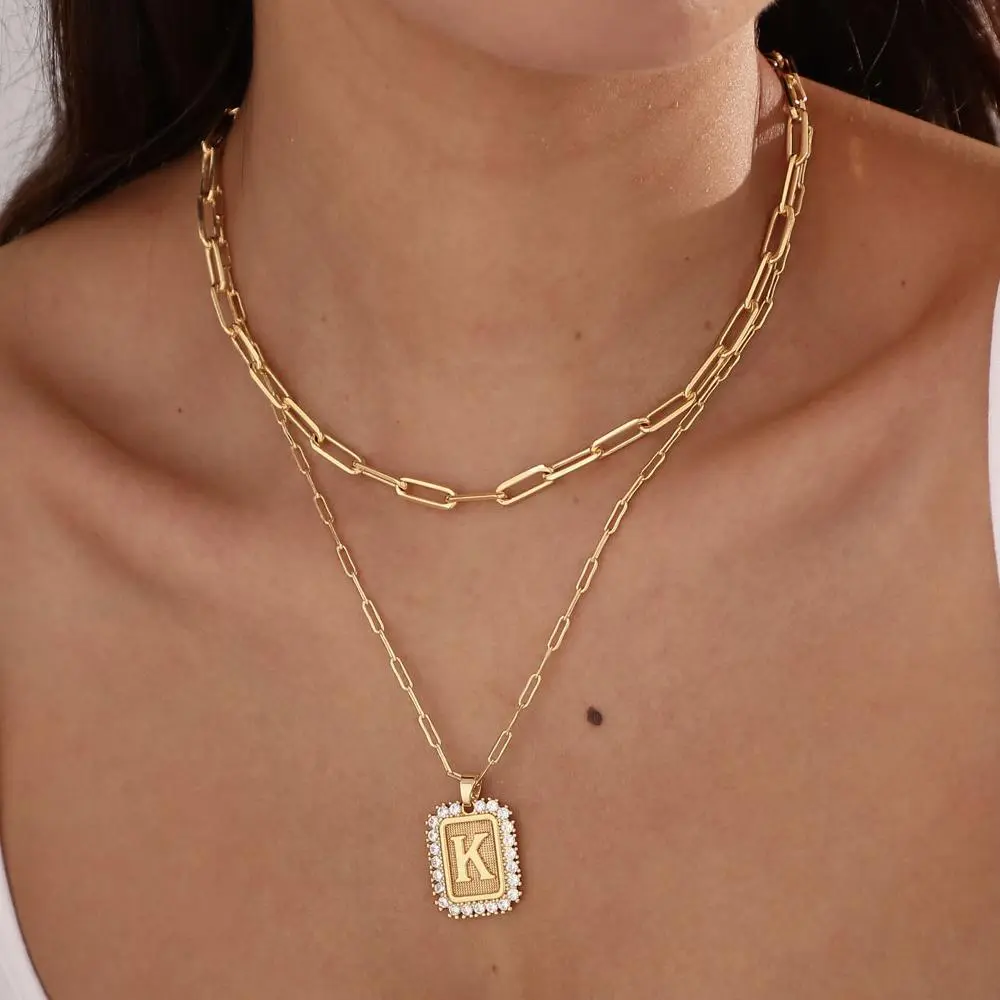 14K Gold Plated Square Initial Pendant Necklace for Men & Women A-Z Letter Charm Chain Daily Wear Gift Stainless Steel No Tarnish