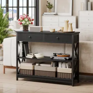 39-Inch Narrow Sofa Table with 2 Drawers, 3-Tier Console Table Behind Couch, Sturdy X-Frame, 200LBS Capacity, Black Entryway Table for Living Room