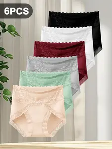 QUASTI 4/6PCS High-Waisted Lace Seamless Printed Briefs for Women Breathable Soft Stretch Panties High Elasticity Full Coverage Underwear Fashionable Elegant Comfortable Everyday Lingerie Set for Ladies and Girls S-XXL