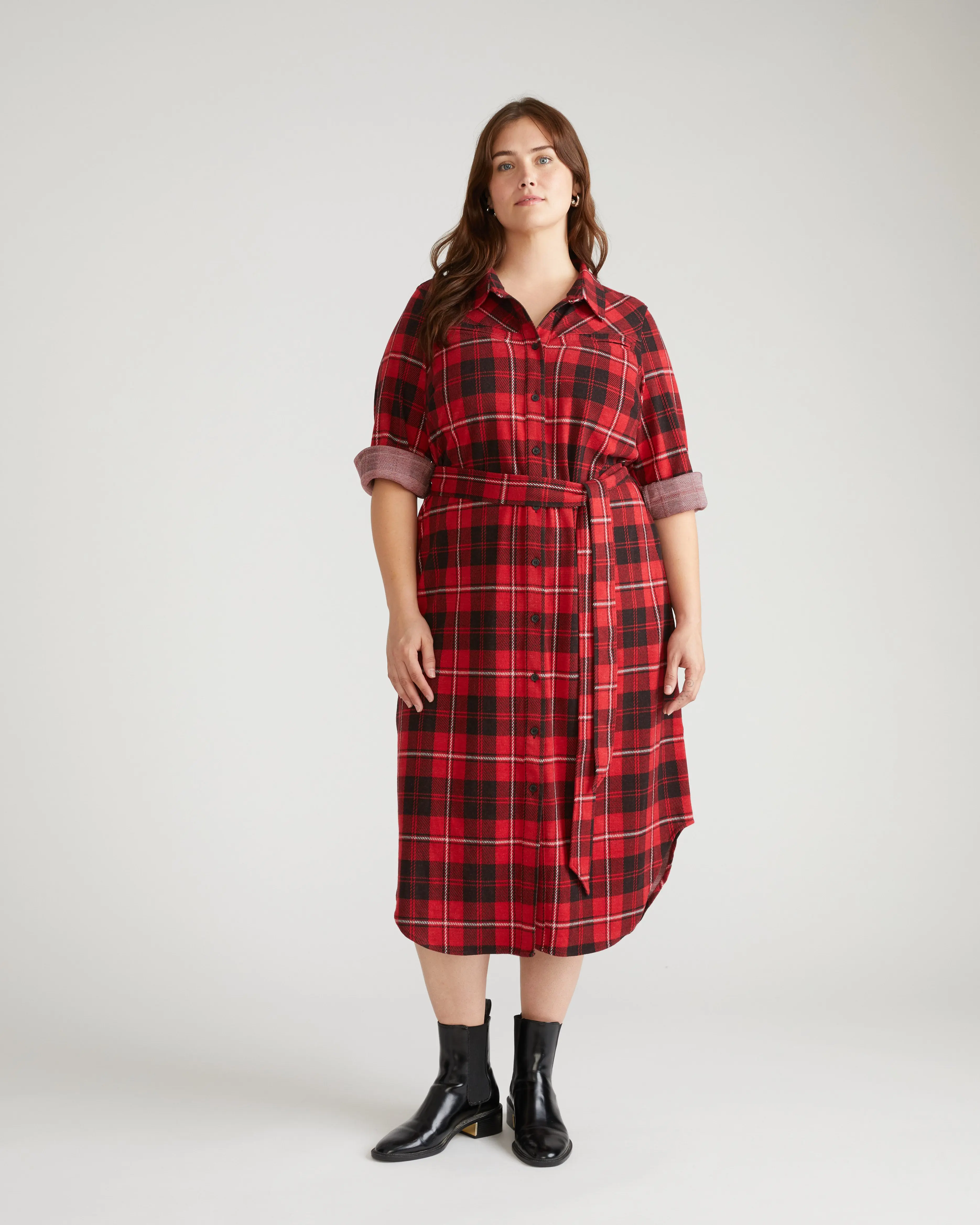 Women's Red Checkered Print Belted Midi Shirtdress - Stretch Knitted Flannel, Long Sleeves, Button-Front, Chest & Side-Seam Pockets, Hidden Snaps, Soft Ease, Plus Size Casual Dress