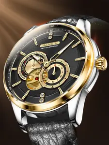 Namkin Men's Mechanical Watch, Gold, Hollow Dial, Diamond Decor, Leather Strap, Business Casual, All Seasons