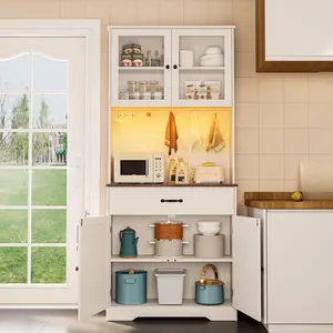 Gizoon 71" H Storage Cabinet with LED Lights, Modern Kitchen Pantry Cabinet with Doors and Drawers, White Hutch with Power Strip and Round Hooks, for Coffee Bar, Dining Room, Tabletop-Retro lead rgb light Controllable LED Tall Fabric Storage Dresser Tower