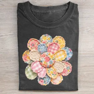 Flower Patchwork Graphic T-Shirt, Vintage Patch Design, Feminine Casual Streetwear, Retro Flower Top, Cute Floral Shirt