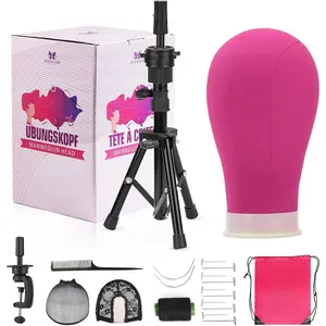 Wig stand with ,Wig  Mannequin  with Wig Stand Tripod,Manikin Canvas  Set for Wigs Making Display with Wig caps,T Pins Set Bristle Brush(Red)