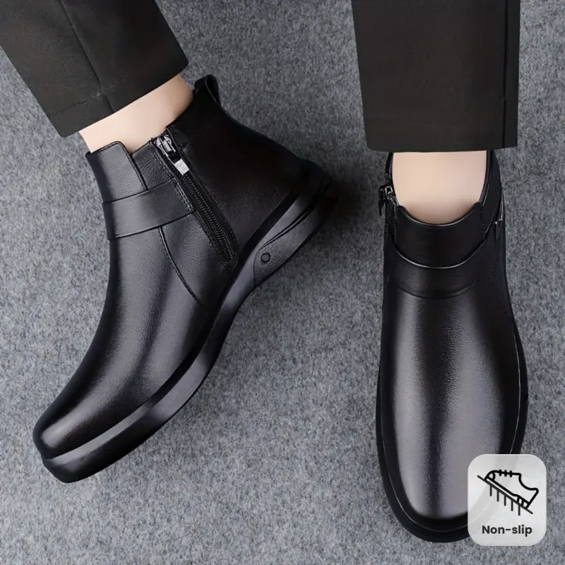 Men's Casual Cow Leather Ankle Boots - Solid Outdoor Footwear with Side Zipper, Wear-Resistant Cowhide Upper, Non-Slip Rubber Sole for Sports & Outdoor Use, Outdoors, Walking Shoes, Closed