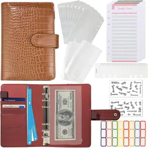 Budget Binder with Zipper Envelopes - Crocodile  Leather  Organizer,  Saving Book Budgeting Planner,  Stuffing Folder Envelope System, A6 Binders with Pockets, Brown