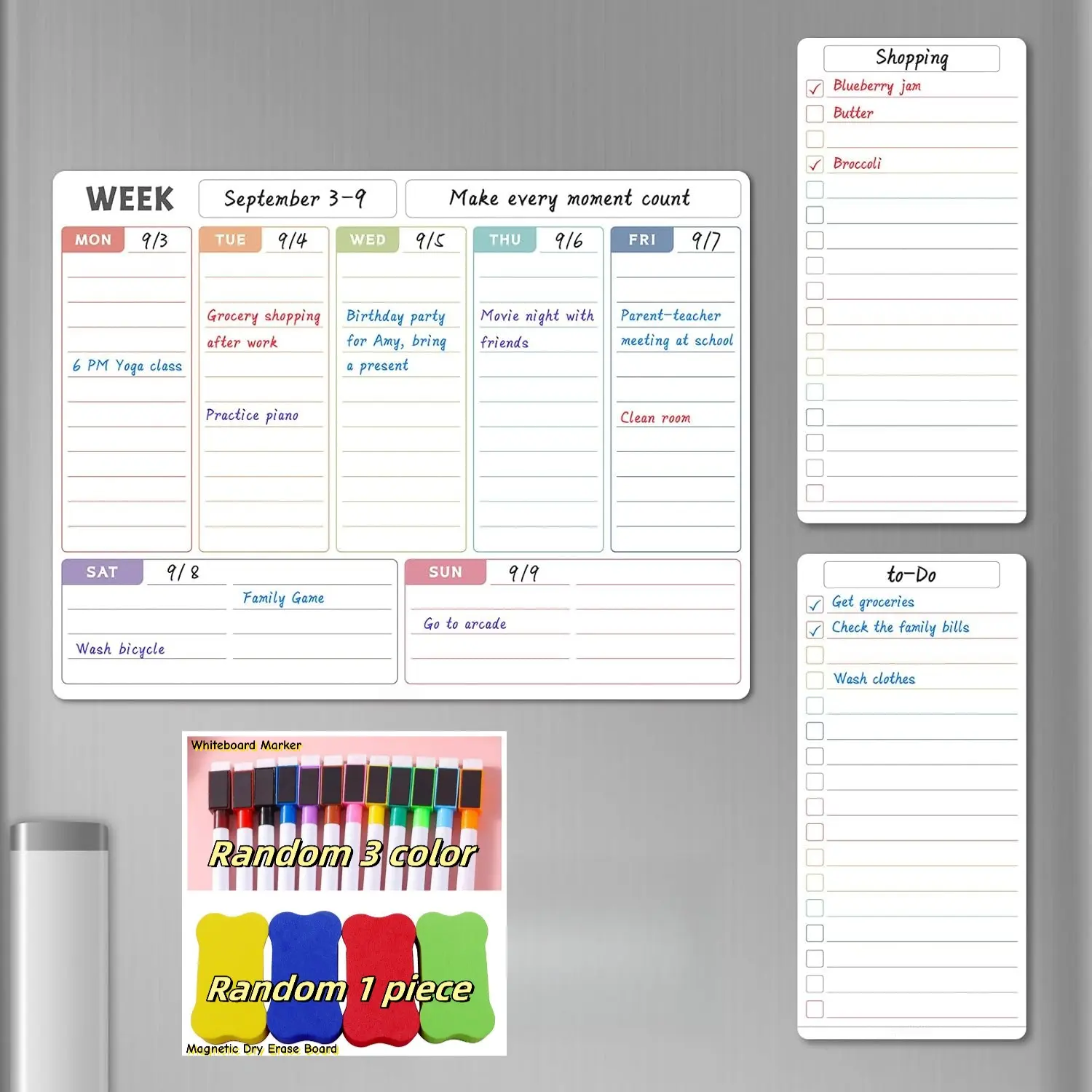 Magnetic Erasable Weekly Planner Whiteboard Visual Schedule Board for Refrigerator, Set Includes 1 Magnetic Weekly Calendar Board + 2 List Boards, Kitchen Organization Tool, Calendars Planners