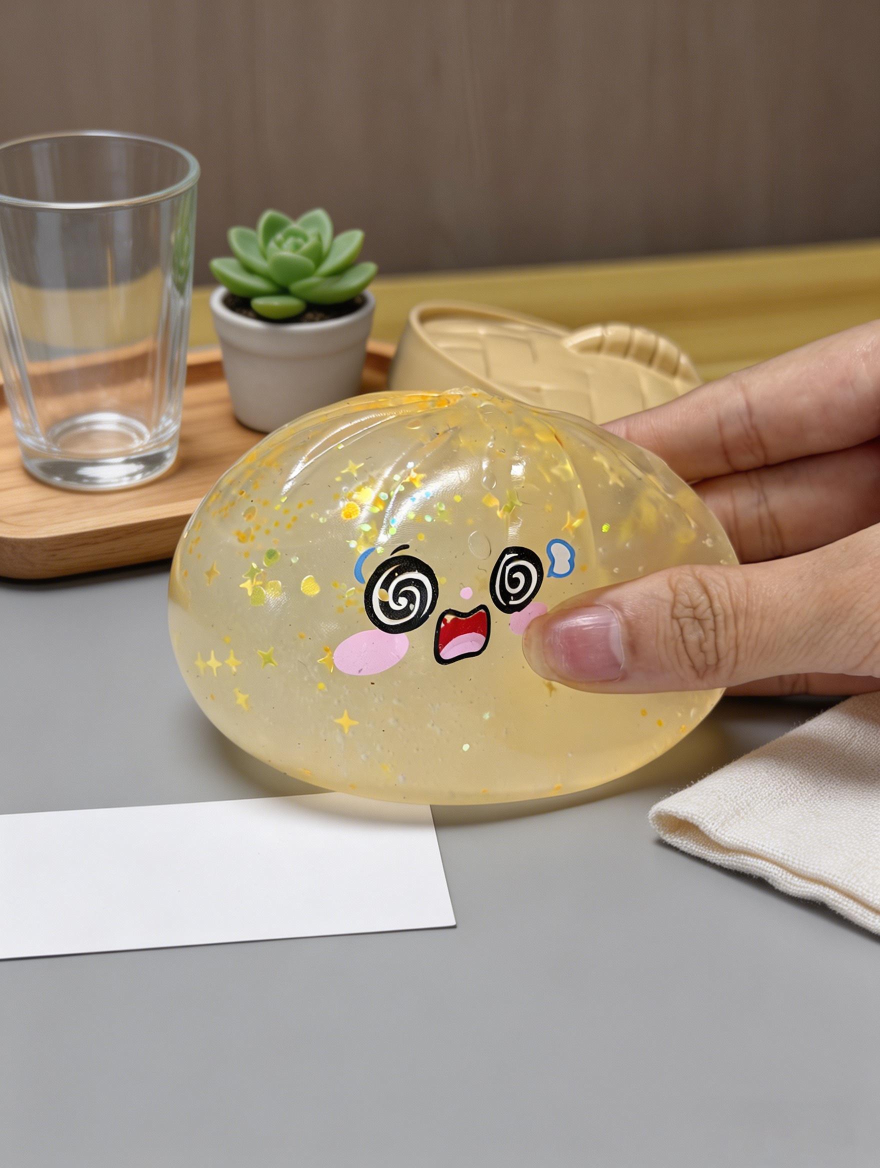 Pale Yellow Glitter Cute Steamed Bun Squishy Slow Rising Stress Relief Fidget Toy With Steamer Box