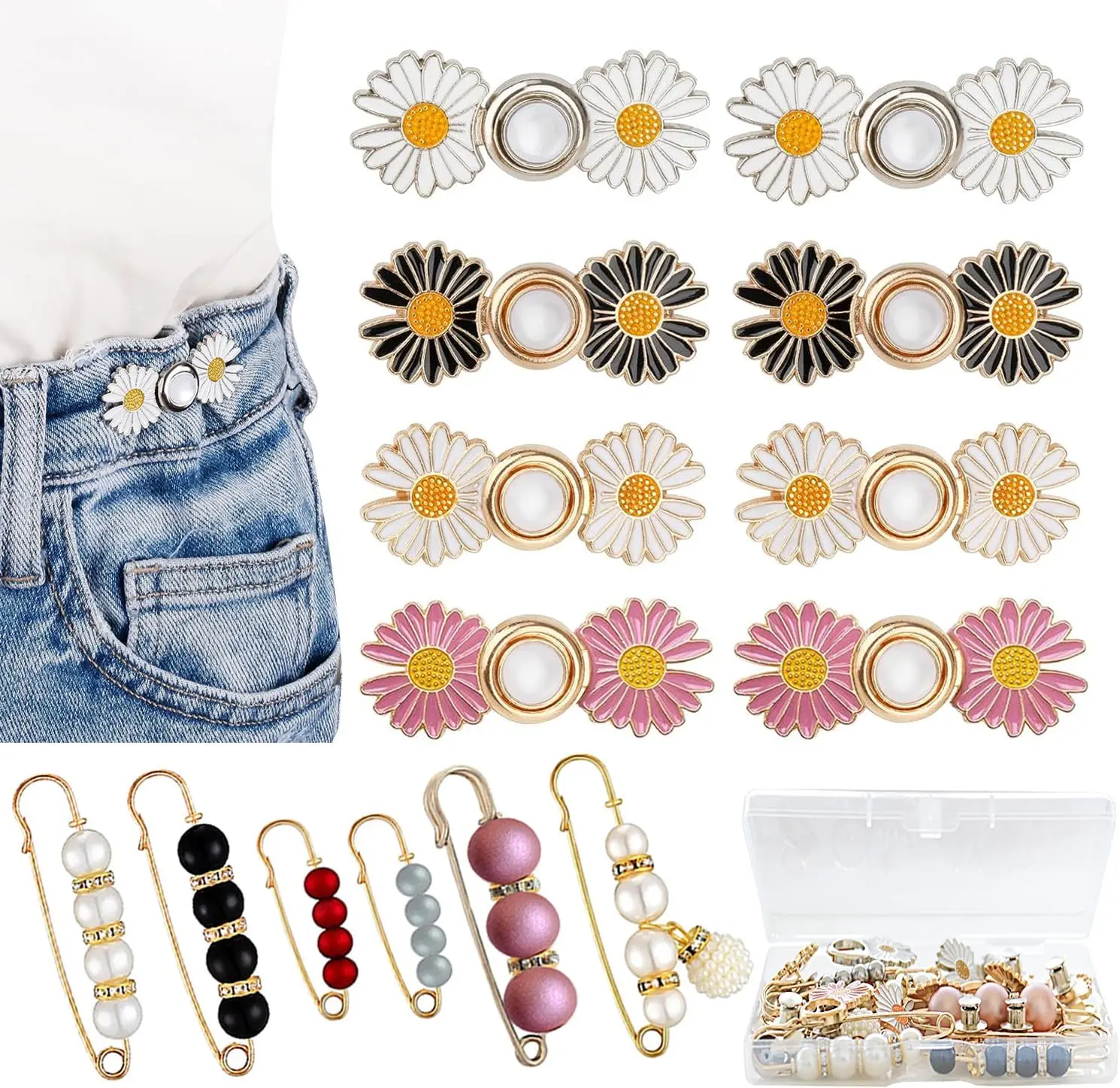 22 count Pant  Tightener, 14 Set 10 Style Removable Jean Button Pins, Instant Jean Buttons for Loose Jeans, No Sewing Required Pants Clips for
