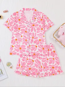 Children's leisure comfortable pajamas 2 sets of suits, cute children's fun pink base full-print floral cardigan, washable new flame retardant collar cardigan shirt short sleeves, elastic waist loose shorts, Soft Casual Pajamas