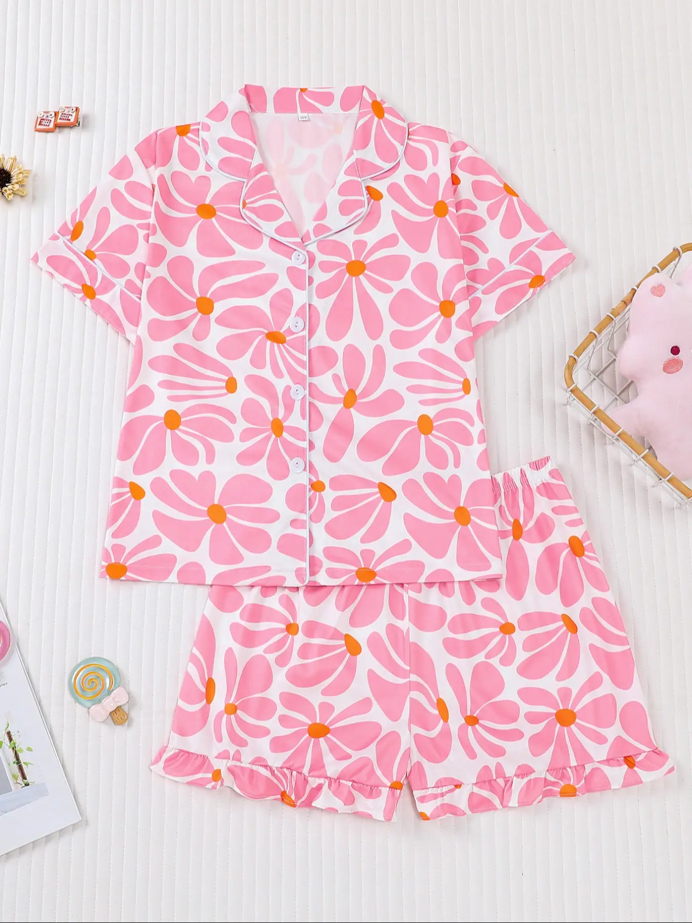 Children's leisure comfortable pajamas 2 sets of suits, cute children's fun pink base full-print floral cardigan, washable new flame retardant collar