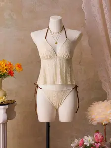 New Two-Piece Set, Almond Lace Vintage Swimsuit, Soft Almond Color Base, Textured Lace Fabric, French Retro Style, All Seasons, Bathing Suit Outfits