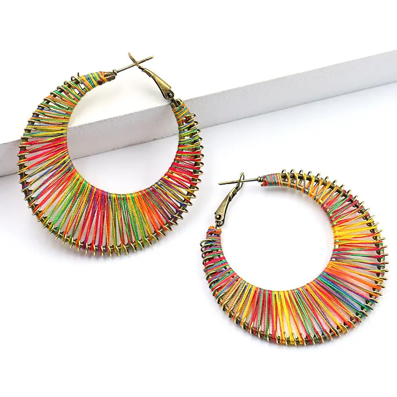 Colorful Rainbow Fabric Woven Hoop Earrings, Lightweight