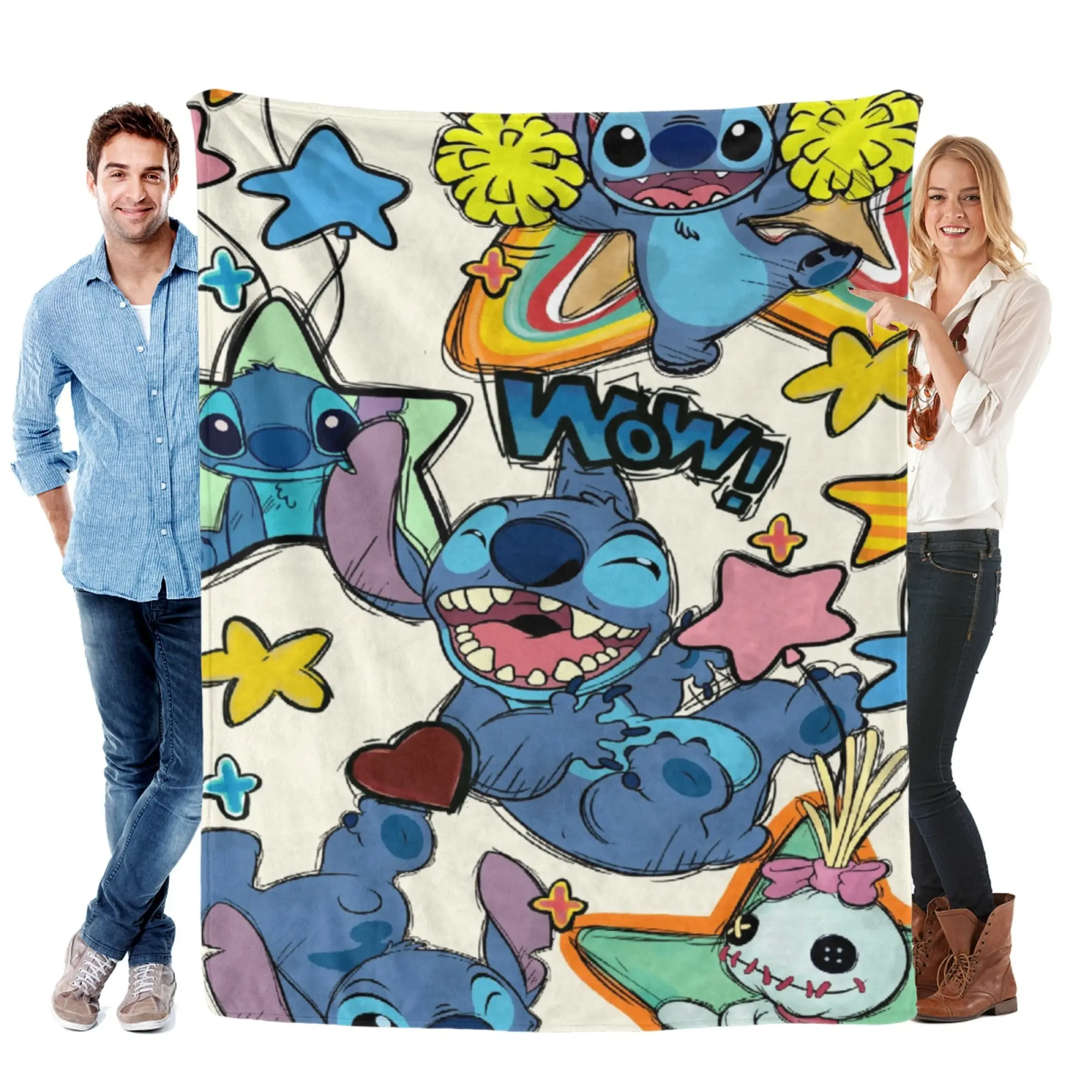 [SummerVibes] DISNEY CLASSIC Stitch & Scrump Comic Doodle Flannel Blanket, Soft 2D Print Throw for Couch, Bed, Office Nap & Home Decor