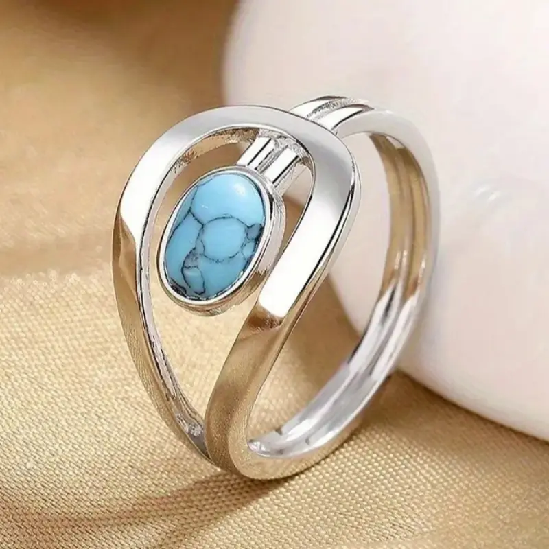 Women's Unique Simple Inlaid Artificial Turquoise Ring - Fashion Costume Jewelry Accessory for Daily, Party Use