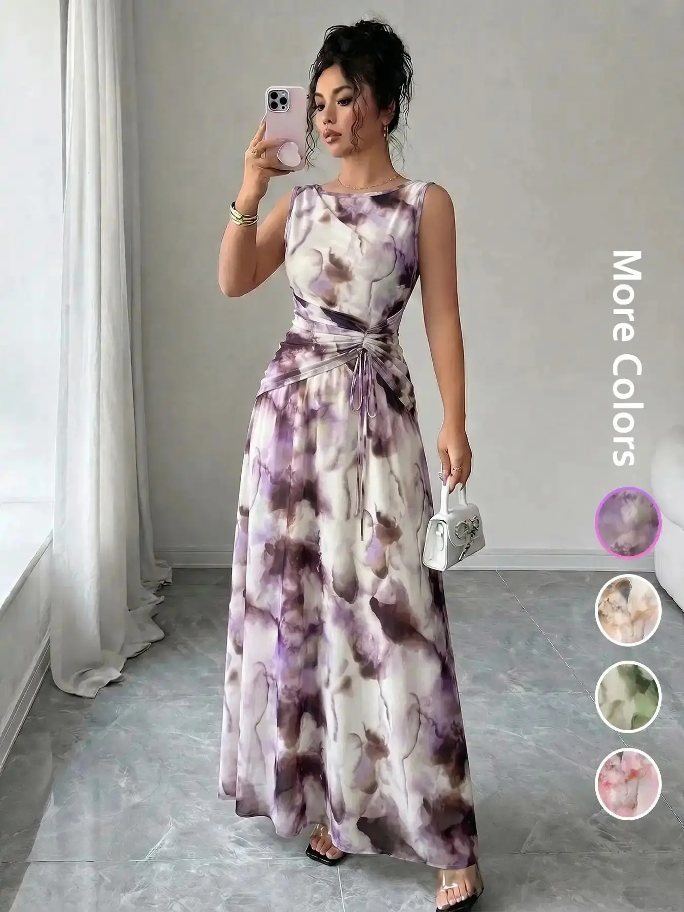 Essential Women's French Vintage Ink Wash Print Sleeveless Dress, Elegant A-Line Evening Gown, Drawstring Front Slimming Womenswear, Ideal for Art Exhibits, Vacations and Formal Events, elegant silhouette
