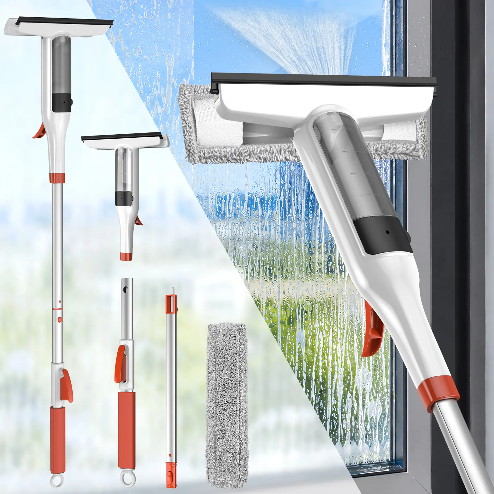 55" Multi-Function Spray & Squeegee Window Cleaner Kit with Adjustable-Length Aluminum Pole, Washable Pads for Multipurpose Surface Cleaning, Tile Cleaning Squeegees