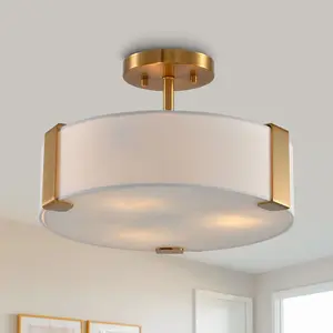 Ella 14 Inch 3-Light Electroplated Golden Semi-Flush Mount Ceiling Light, Luxury Gold Semi Flush Mount Lighting