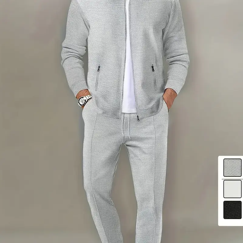 Men's 2-Piece Sports Clothing Set - Plain Fitted Lapel Collared Zippered Jacket & Soft Polyester Pants Sweatsuit, Casual Sporty Outfit, Father's Day Gift Option