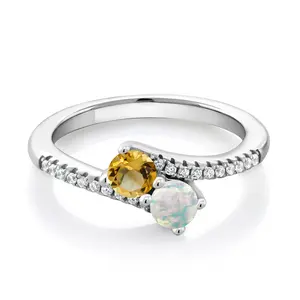 Gem Stone King Two-Stone Bypass Ring for Women in 925 Sterling Silver | 4MM Round Gemstone Birthstone and Yellow Citrine | Crossover Anniversary Engagement Wedding Promise Ring | Sizes 5, 6, 7, 8, 9