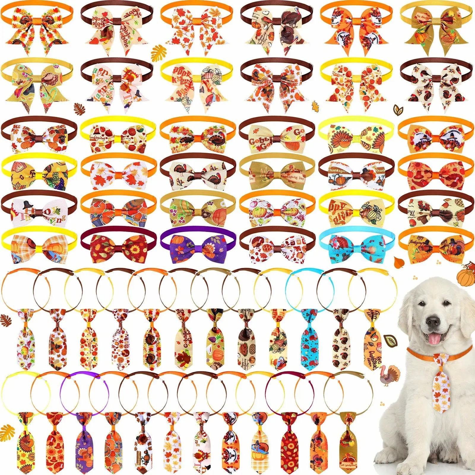 Adjustable Holiday Theme Dog Collars & Grooming Bows Bulk Pack (60pcs) - 24 Neck Ties, 24 Bowties, 12 Bowknots, Turkey Pumpkin Puppy Collars for Thanksgiving, Halloween Pet Accessory Set