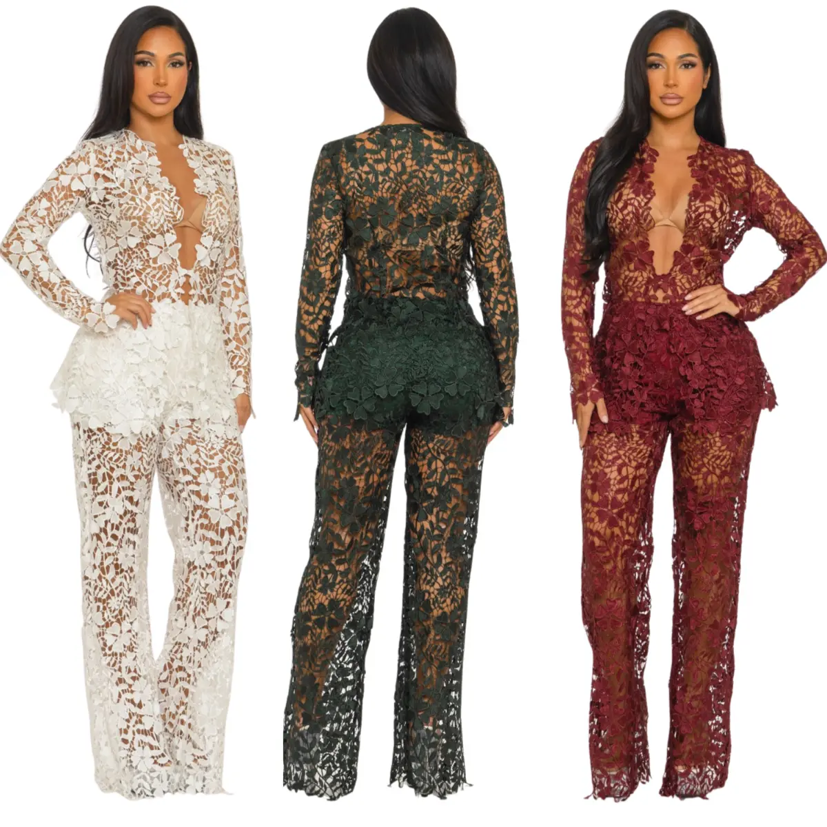Floral Sheer Lace  Set – Elegant Long Sleeve See-Through Pantsuit | Evening, Birthday & Special Occasion Outfit