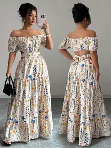 Plus Size Women's Floral Print Bohemian Dress, Loose Fit One Shoulder Long Dress, Casual Summer Beach Vacation Party Wear