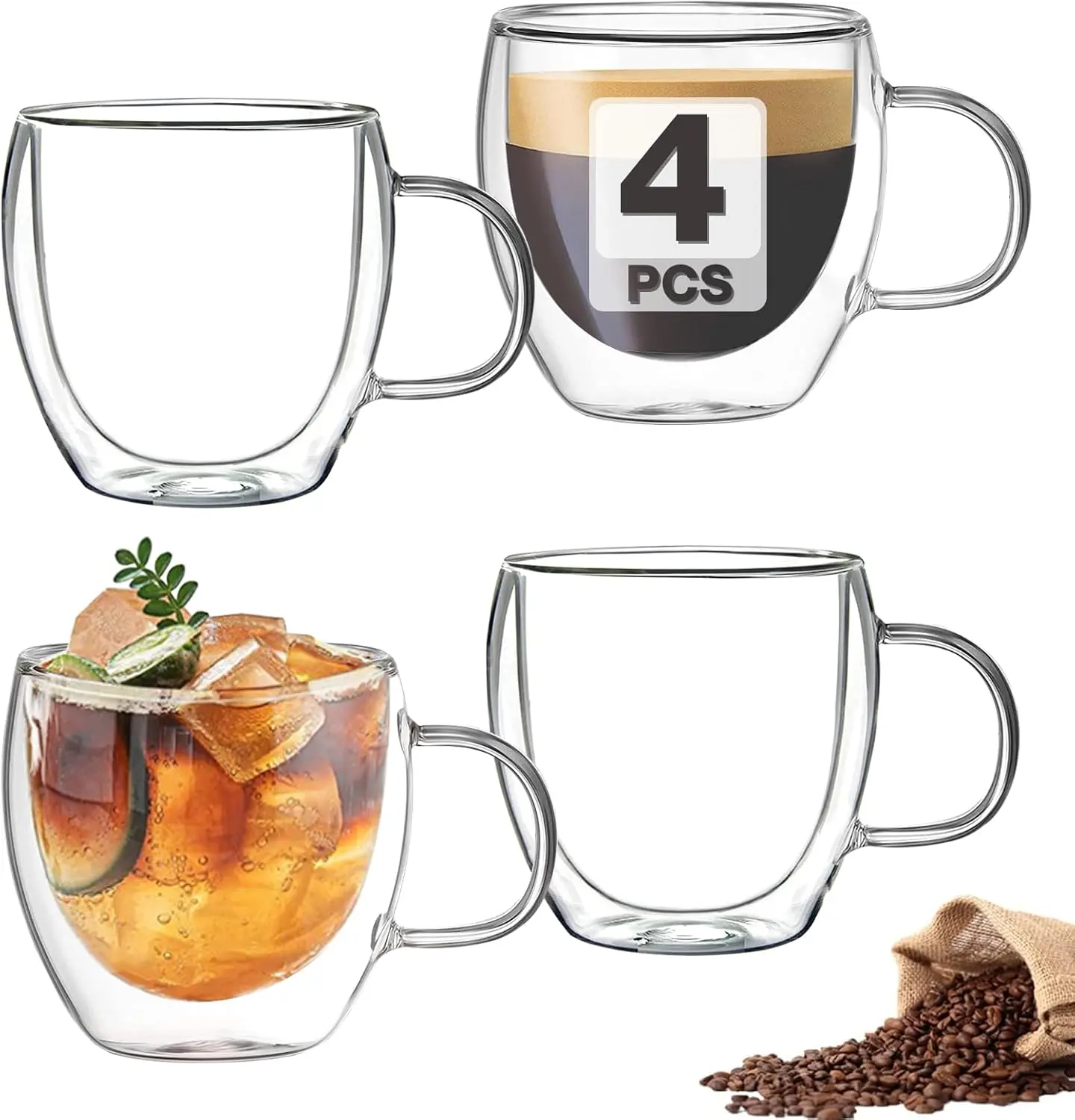 Double Wall Insulated Glasses Espresso Cups Set of 4 (50% Thicker), 5 oz Clear Coffee Cups with Handle, Espresso Shot Glasses, Suit for Espresso Machine, Latte, Cappuccino, Glass Coffee Mugs