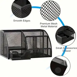 Multifunctional Metal Mesh Desktop Storage Box with Drawer Pen Holder, Cute Office Supplies Organizer, Home Office & School Workspace