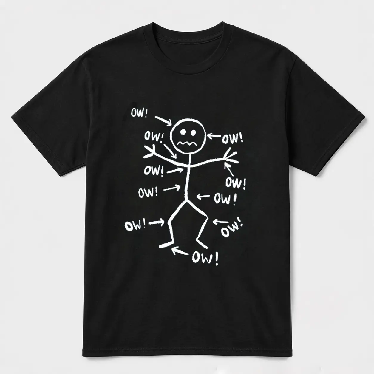 Funny Body Pain Graphic T Shirt, Ow Stick Figure Tee, Relatable Everyday Humor Shirt, Black Unisex Casual Top