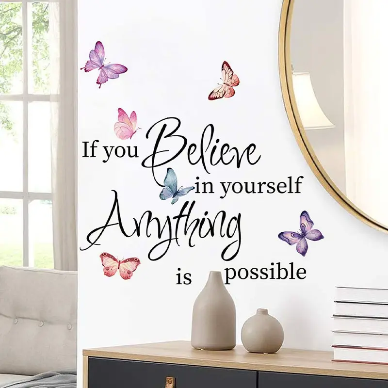 Inspirational Quote Wall Stickers, Butterfly Decorative Home Decals for Office School Dormitory, PVC Self-Adhesive No Damage Walls, Waterproof Wall Sticker, Wall Art Stickers