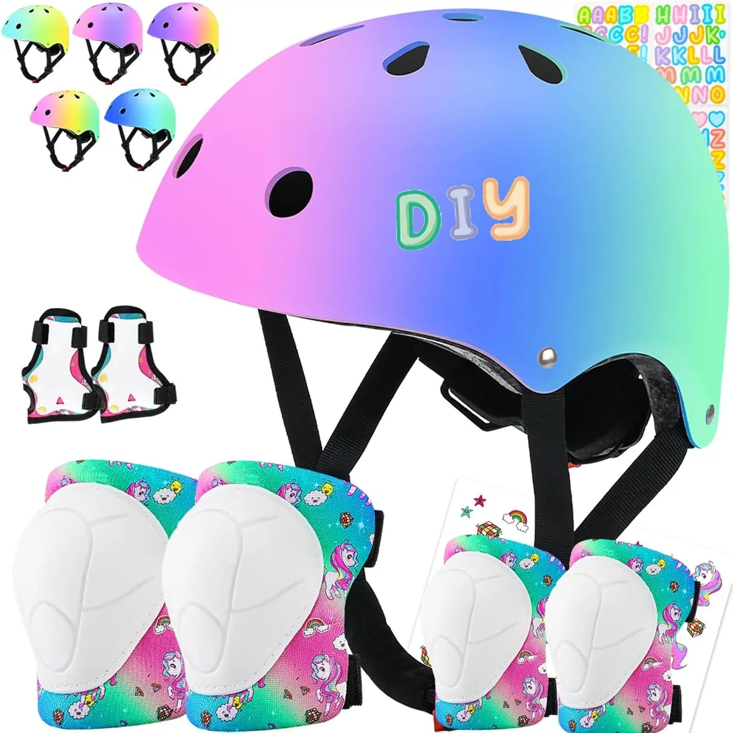 Girls' 7-Piece Protective Gear Set with Unicorn Pads & Gradient Bike Helmet, Adjustable with Shock-Absorbing EVA for Biking, Skating & Scooter, S, No Visor