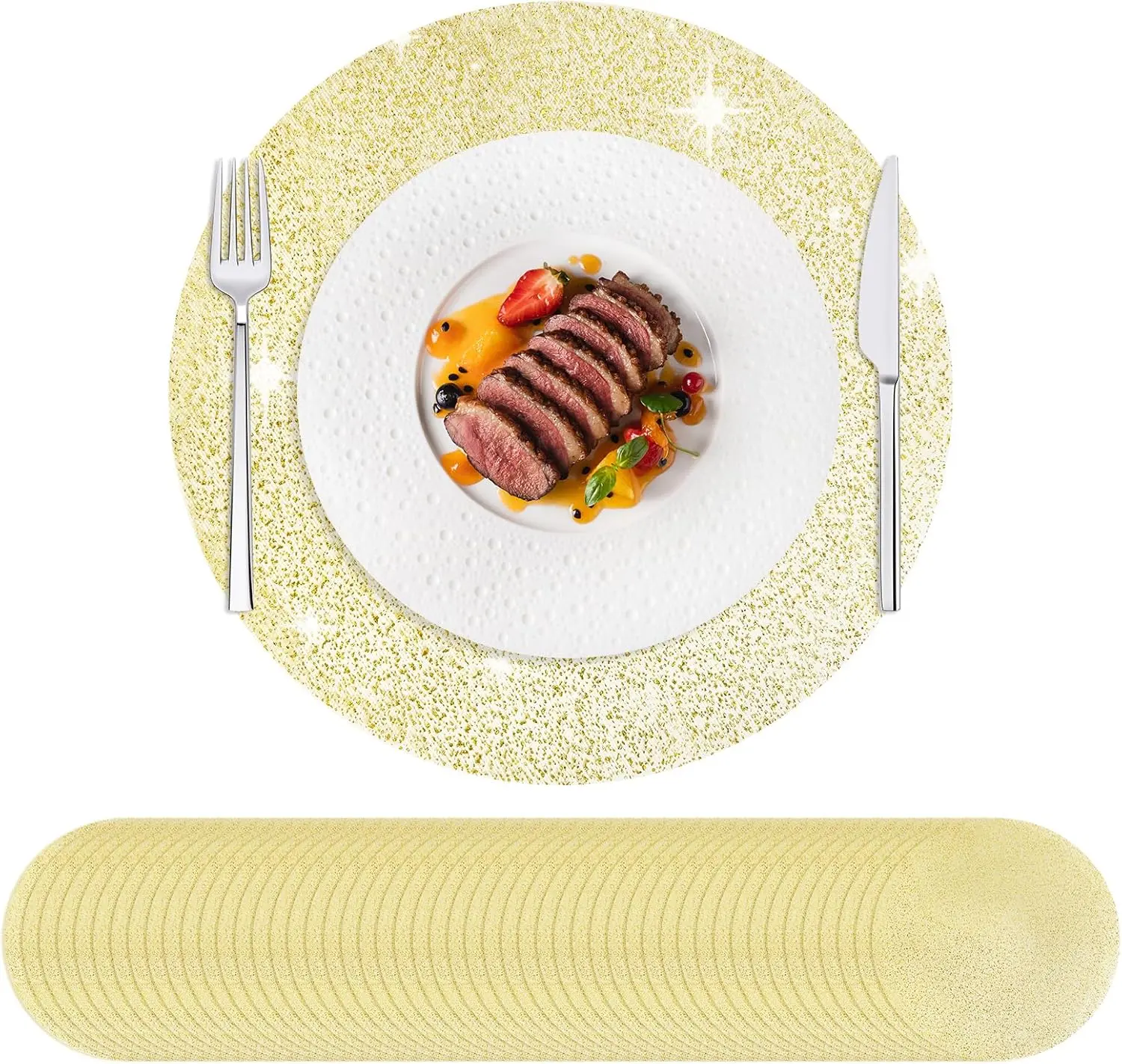 50 Pcs Disposable Placemats Set Metallic 13 Inch Round Foil Mesh Pressed Table Doilies, Ultra-Thin Disposable Placement Mats for Home Decoration Dining Table Wedding Birthday Party