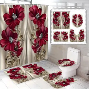 Elegant Diamond Floral Bathroom Set, Includes Shower Curtain, Mat, Toilet Cover, U-Shaped Pad, Home Bath Decor, Perfect Gift