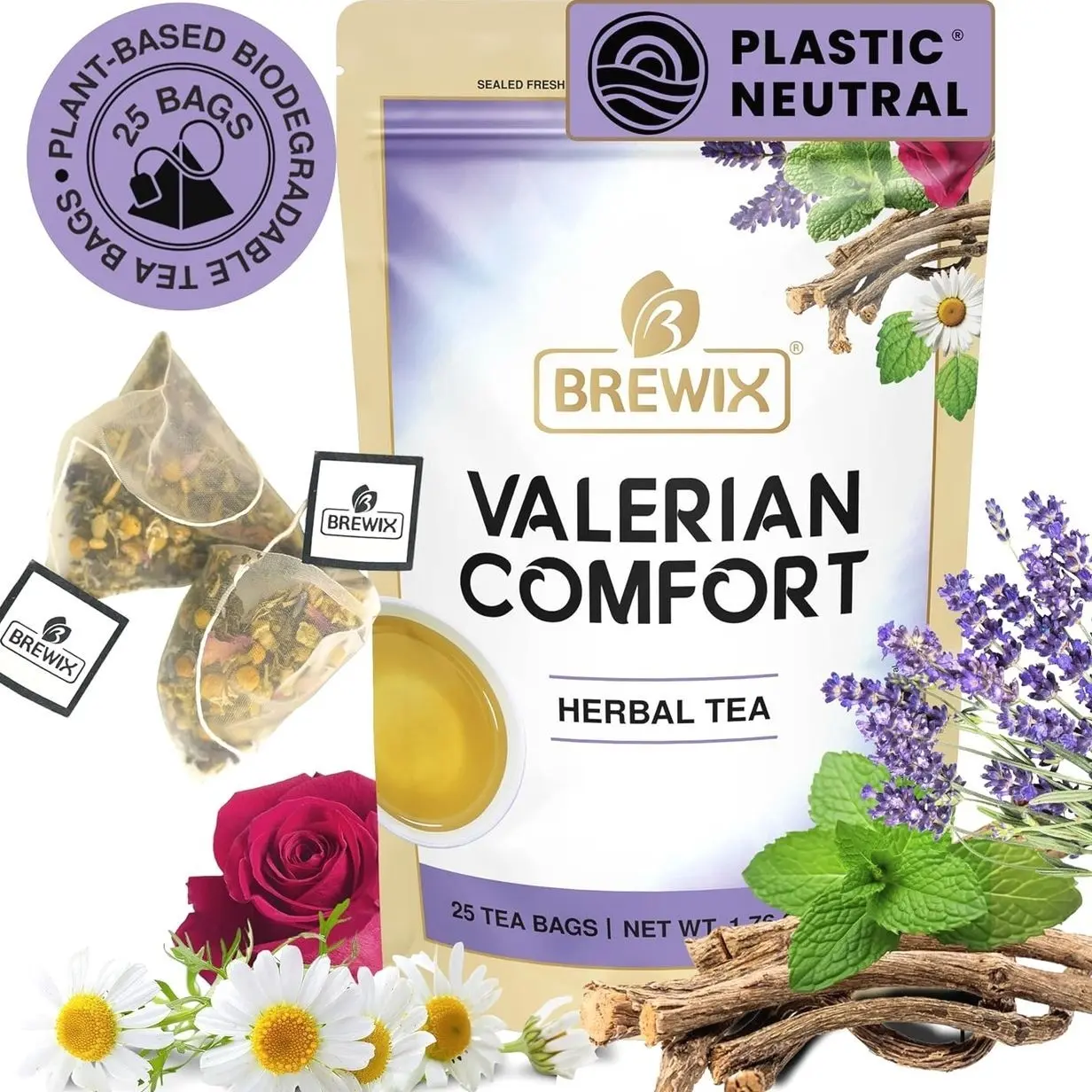 BREWIX, Valerian Comfort Tea for Sleep and Relaxation (25 Pyramid Bags) Caffeine-Free and Calming for Bedtime | Valerian Root, Chamomile & Lavender | Perfect Wellness Sleep