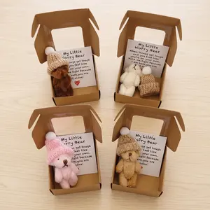 Mini Plush Worry Bear in a Box, Handmade Pocket Hug Bear with Hat & Inspirational Card, Anxiety Relief Emotional Support Stuffed Animal for Halloween Thanksgiving Christmas Birthday Gifts for Friends Lovers Family