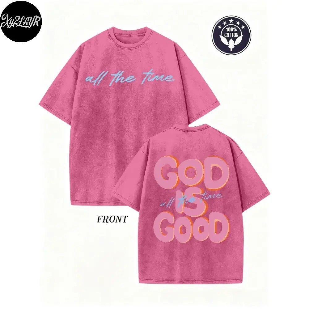 Washed cotton round neck short sleeved top with "GOD IS GOOD" innovative double-sided pattern, new spring and summer styles for men and women, fashionable and trendy clothing, vintage and vintage design, loose fitting clothes