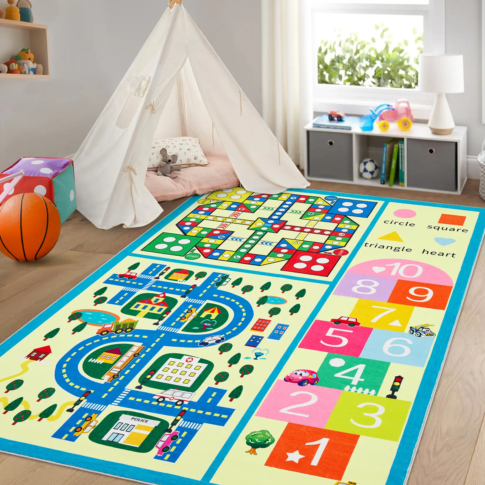 Washable Play Carpet Non-slip and Stain Resistant Playroom Carpet Educational Games, Forest Animals, City Map Print Carpet for Kindergarten Bedroom